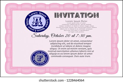 Pink Invitation template. With great quality guilloche pattern. Customizable, Easy to edit and change colors. Artistry design. 