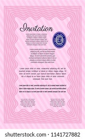 Pink Invitation template. With guilloche pattern. Retro design. Detailed. 