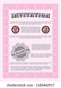 Pink Invitation template. With guilloche pattern and background. Detailed. Retro design. 