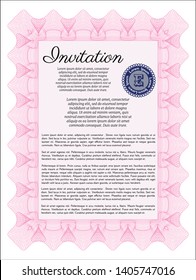 Pink Invitation template. With guilloche pattern and background. Cordial design. Vector illustration. 