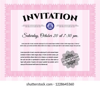 Pink Invitation template. With linear background. Detailed. Excellent design. 