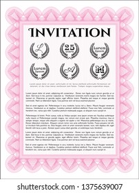 Pink Invitation template. With linear background. Detailed. Cordial design. 
