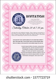 Pink Invitation template. Money design. With guilloche pattern and background. Detailed. 