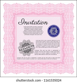 Pink Invitation template. Money Pattern design. With guilloche pattern. Vector illustration. 