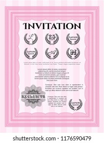 Pink Invitation template. Money Pattern design. Printer friendly. Detailed. 