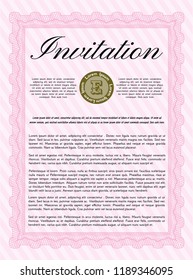 Pink Invitation template. Money Pattern design. Vector illustration. With guilloche pattern. 