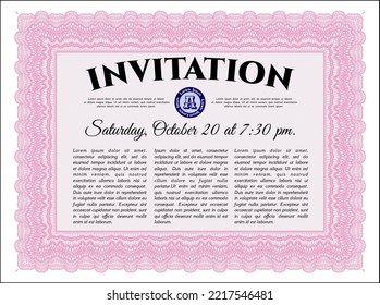 Pink Invitation template. Money Pattern design. Printer friendly. Detailed. 