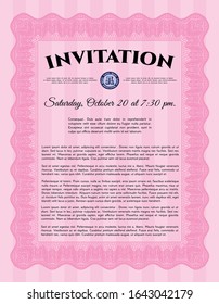 Pink Invitation template. Money style design. Detailed. With guilloche pattern. 