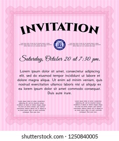Pink Invitation template. Sophisticated design. Detailed. With guilloche pattern and background. 