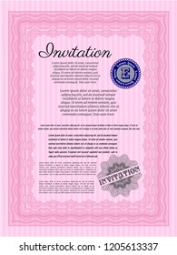 Pink Invitation template. Vector illustration. With guilloche pattern and background. Excellent design. 
