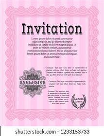 Pink Invitation template. Vector illustration. With guilloche pattern and background. Money Pattern. 