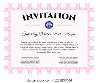 Pink Invitation template. Vector illustration. With great quality guilloche pattern. Lovely design. 
