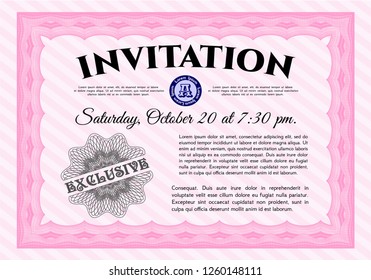 Pink Invitation template. Vector illustration. With complex linear background. Retro design. 