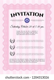 Pink Invitation. Vector illustration. With complex linear background. Money design. 