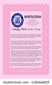 Pink Invitation. Vector illustration. With guilloche pattern and background. Retro design. 