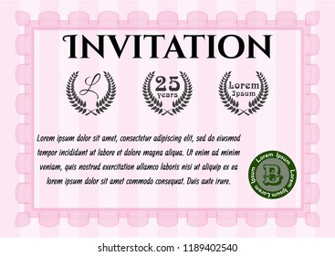 Pink Invitation. Vector illustration. With guilloche pattern and background. Beauty design. 