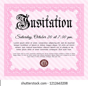 Pink Invitation. Vector illustration. With guilloche pattern. Modern design. 