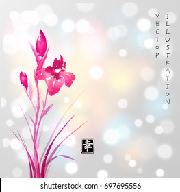 Pink Iris flowers hand drawn with ink on white glowing background. Traditional oriental ink painting sumi-e, u-sin, go-hua. Contains hieroglyph - happiness.