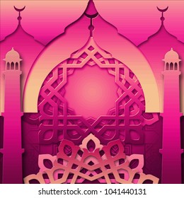 pink islamic mosque dome silhouette with arabian pattern paper cutting art style purple background for greeting card banner background