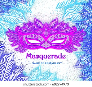 Pink isolated carnival mask with feathers and frost, branches silhouette. Beautiful concept design for party invitation. Mardi Gras. Vector illustration. Masquerade
