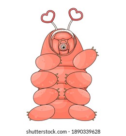 Pink isolated happy cute cartoon vector tardigrade is sitting on white background and waving one hand. Spring hoop with hearts on her head for Valentines Day Party