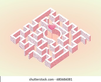 Pink isometric maze / labyrinth with heart balloon in the middle