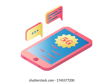 Rosa isometrisches Smartphone mit 5g Netzwerksymbol und farbenfrohen Nachrichtenblasen isoliert auf weißem Hintergrund. Konzept der sozialen Medien Vector 3d Abbildung.
