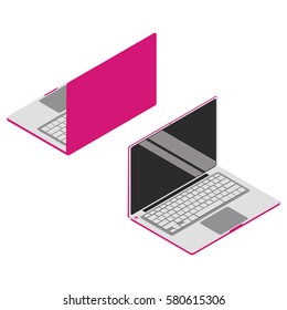 Pink isometric vector set laptop. 3d devices isolated on white background. Flat 3d isometric illustration. For infographics and design games.