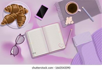 Pink items laid out on sheets, breakfast in bed