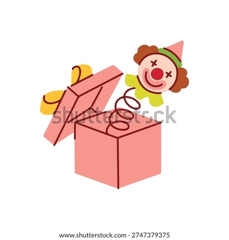 Pink jack in the box toy with a laughing clown jumping out for april fools day surprises and funny practical joke illustrations. Traditional surprise box for holiday pranks