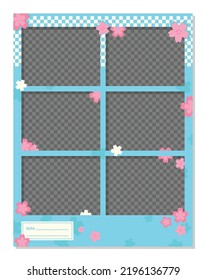 pink Japan sakura on blue kawaii cute automatic sticker photo booth vector frame