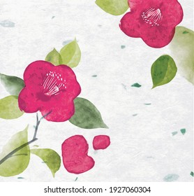 Pink japanese camelia flowers on rice paper background. Traditional Japanese ink wash painting sumi-e in romantic style