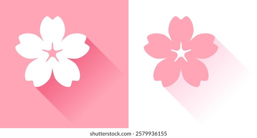 Pink Japanese cherry blossom, spring sakura petals, long shadow vector icon illustration material set