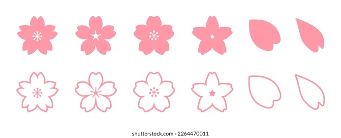 Pink Japanese cherry blossoms, spring cherry blossom petals, icon illustration material set