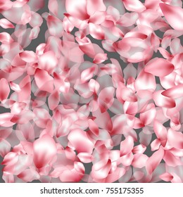 Pink japanese cherry flower parts blossom petals flying vector elements isolated on grey background illustration. Flying flower elements wedding invitation petals pattern, valentine background.