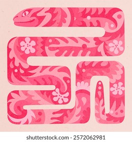 Pink Japanese dragon. Bright ethnic illustration with sakura pattern. The great serpent, the awakening of spring.