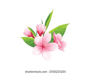 Pink Japanese Sakura Flower 3D Vector Illustration with Green Leaves. Pink Japanese Sakura Flower 3D Vector Illustration with Green Leaves | Cherry Blossom Flower Art | Sakura Flower Vector Design