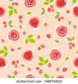Pink jars with manin jam. Children's design. Seamless pattern. Vector illustration.