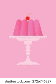 Pink jelly dessert with cherry on elegant cake stand on pastel pink background. Sweet minimal illustration, clip art for Valentine’s Day, Birthday dessert and romantic celebration.