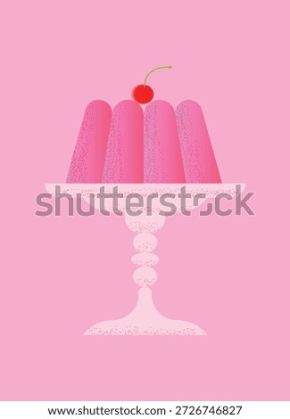 Pink jelly dessert with cherry on elegant cake stand on pastel pink background. Sweet minimal illustration, clip art for Valentine’s Day, Birthday dessert and romantic celebration.