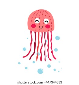 Pink Jellyfish animal cartoon character isolated on white background.