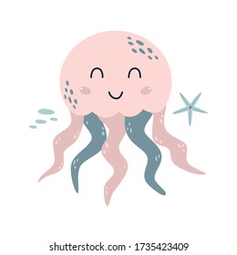 Pink jellyfish. Cute sea animal cartoon baby jellyfish. Nautical medusa fish. Kids print isolated sticker vector