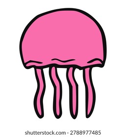 Pink jellyfish doodle hand drawn, cnidarian sketch, swimming medusa ink illustration, aquatic ocean wildlife icon, sea life element isolated on white