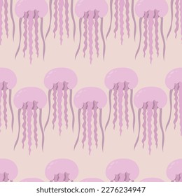 Pink jellyfish. Eared Aurelia. Seamless vector pattern. Endless ornament of marine invertebrates with tentacles. Flat style. Isolated pink background. Ocean dweller. Idea for web design.