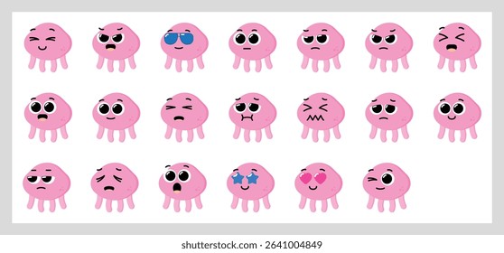 Pink Jellyfish Emojis with Varied Facial Expressions and Emotions for Cute Design