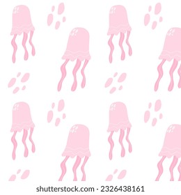 Pink jellyfish isolated on white background. Hand drawn sea,underwater seamless pattern vector illustration.