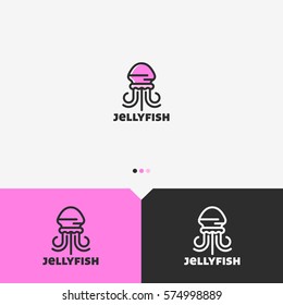 Pink Jellyfish Logo Design Template. Simple and Clean Outline Style. Color and Monochromatic Version. Vector.