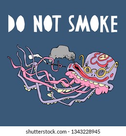 Pink jellyfish with a mouthpiece and glasses. Color illustration with a call to action, sticker, print on t-shirt, poster, children's theme.