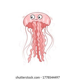Pink jellyfish on a white background. Cartoon character. Vector illustration.