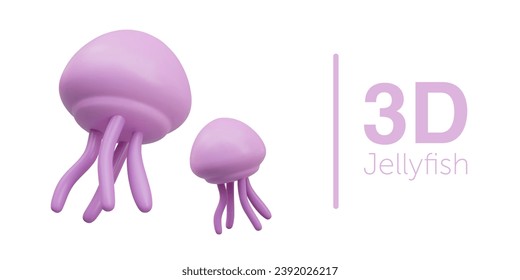 Pink jellyfish on white background. Set of vector objects in different positions. Underwater oceanic inhabitants. Colorful sea creatures with tentacles. Marine fauna
